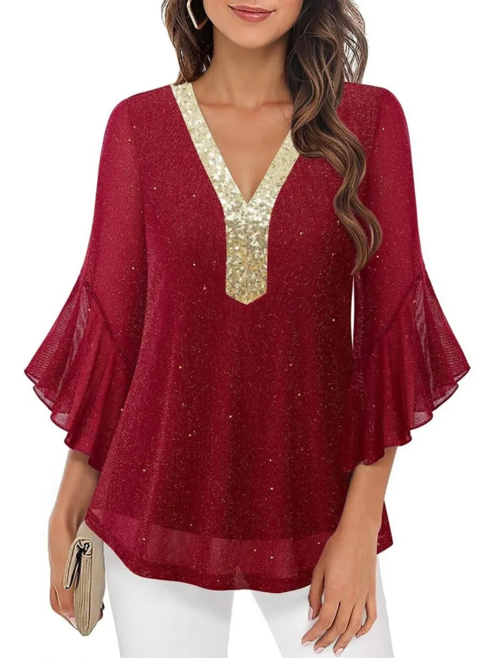 Ruffle 3/4 Sleeve Sparkly Sequin V Neck Blouse - Dressy Fall Top for Women